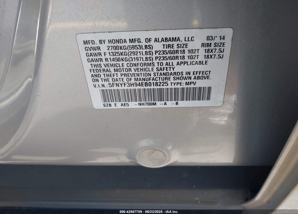 2014 HONDA PILOT VIN: 5FNYF3H94EB018225