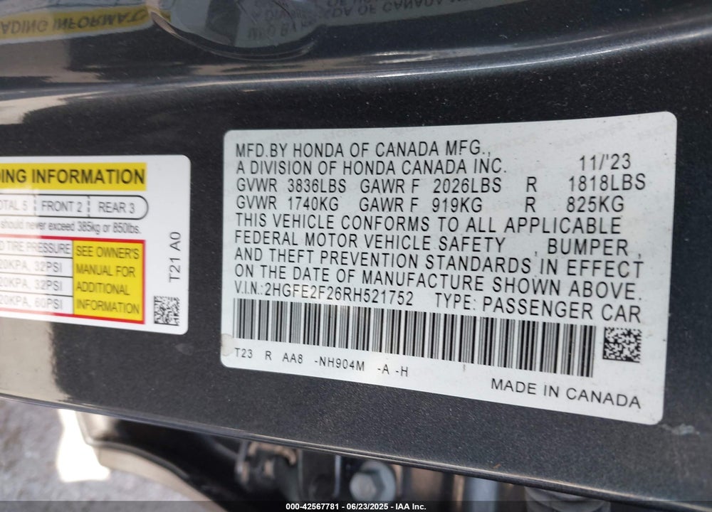 2024 HONDA CIVIC LX VIN: 2HGFE2F26RH521752