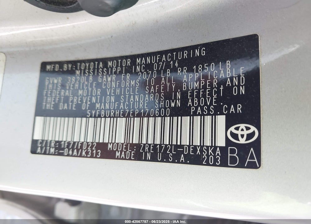 2014 TOYOTA COROLLA S VIN: 5YFBURHE7EP170600