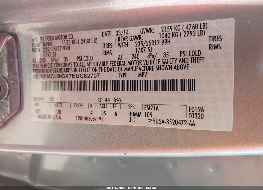 2014 FORD ESCAPE SE VIN: 1FMCU9GX7EUC82707