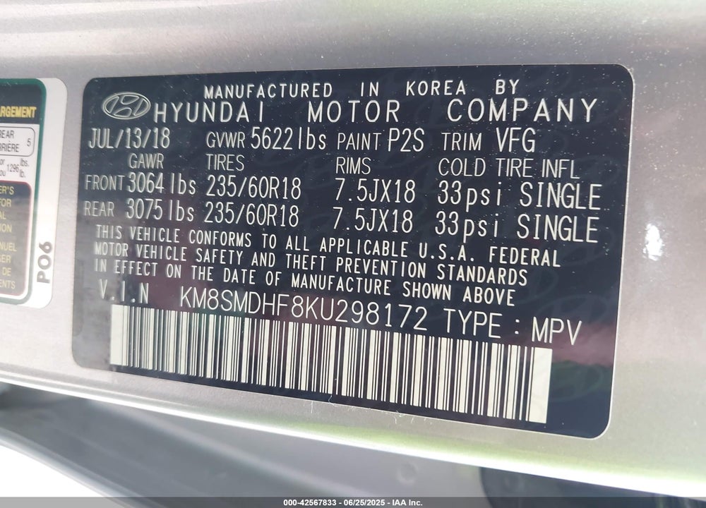 2019 HYUNDAI SANTA FE XL SE VIN: KM8SMDHF8KU298172