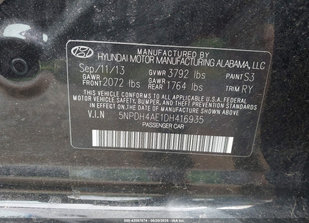 2013 HYUNDAI ELANTRA LIMITED VIN: 5NPDH4AE1DH416935