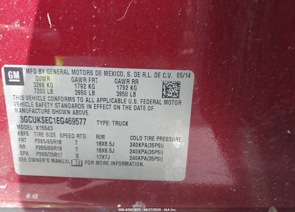 2014 CHEVROLET SILVERADO 1500 VIN: 3GCUKSEC1EG469577