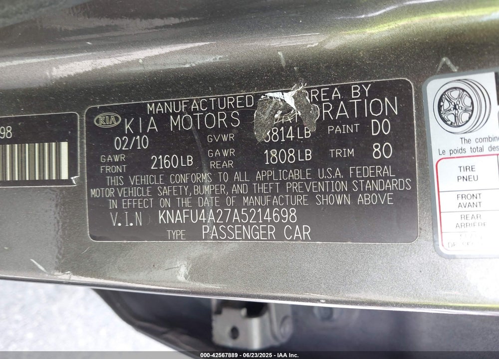2010 KIA FORTE VIN: KNAFU4A27A5214698