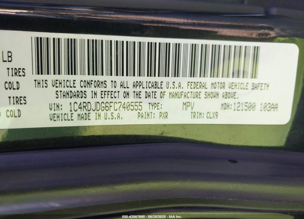 2015 DODGE DURANGO VIN: 1C4RDJDG6FC740555