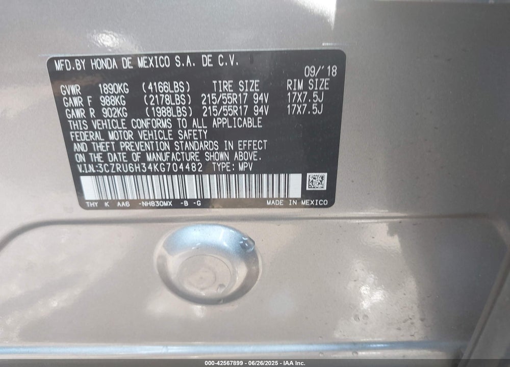 2019 HONDA HR-V VIN: 3CZRU6H34KG704482