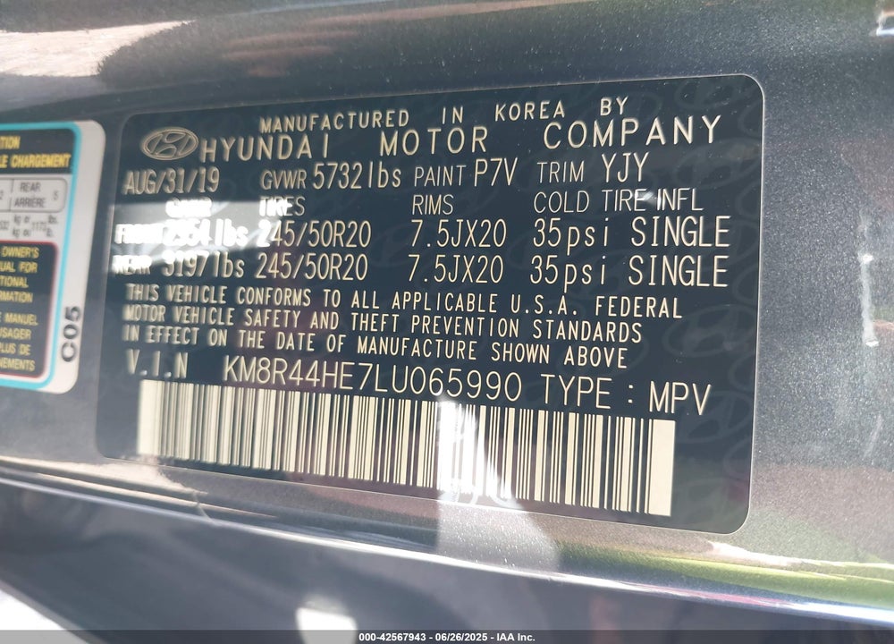 2020 HYUNDAI PALISADE SEL VIN: KM8R44HE7LU065990