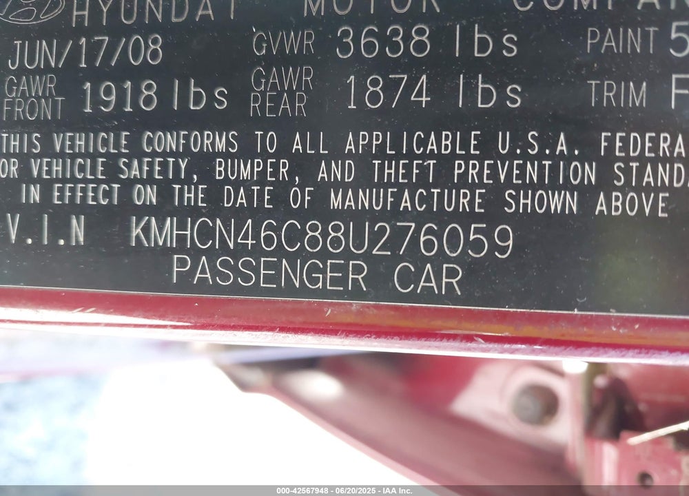 2008 HYUNDAI ACCENT VIN: KMHCN46C88U276059
