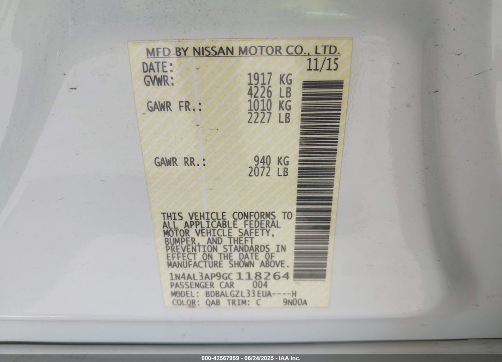 2016 NISSAN ALTIMA VIN: 1N4AL3AP9GC118264
