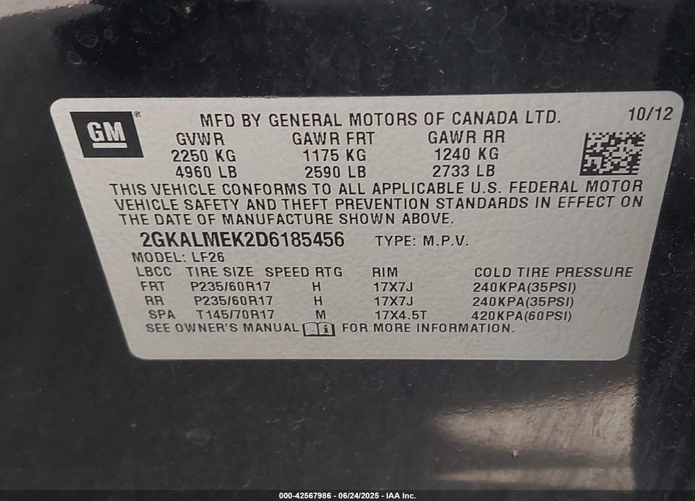2013 GMC TERRAIN SLE-1 VIN: 2GKALMEK2D6185456