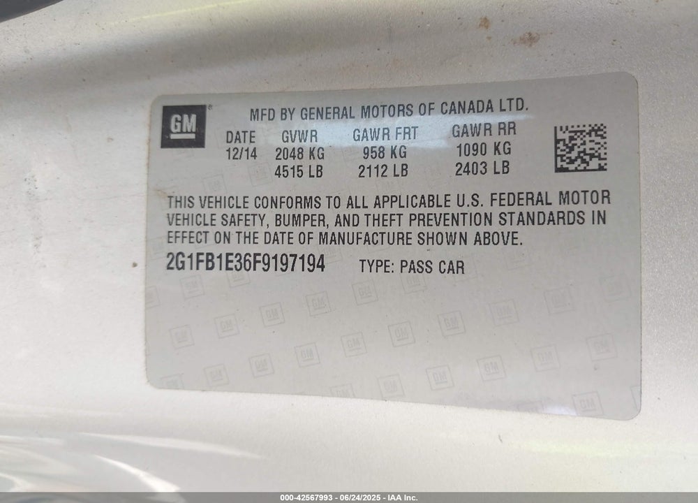 2015 CHEVROLET CAMARO VIN: 2G1FB1E36F9197194
