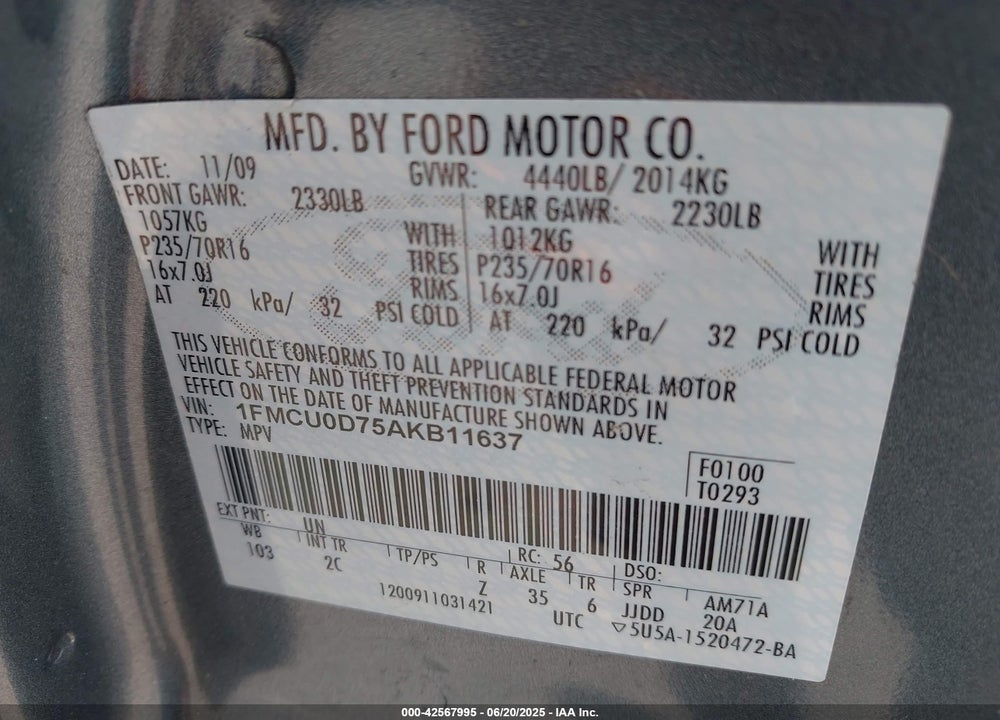 2010 FORD ESCAPE XLT VIN: 1FMCU0D75AKB11637