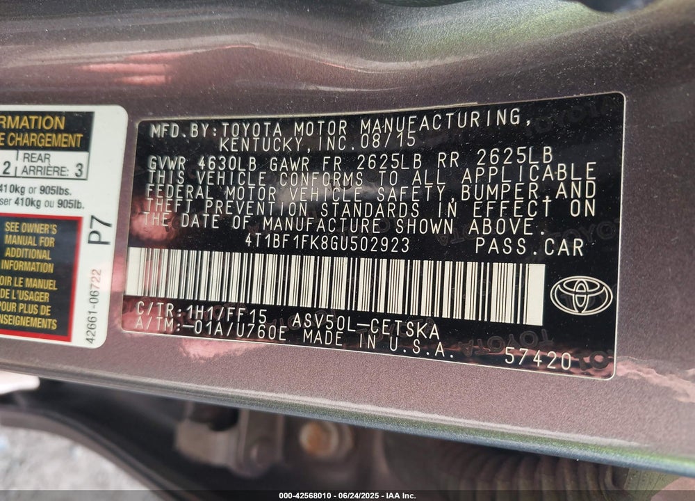2016 TOYOTA CAMRY VIN: 4T1BF1FK8GU502923