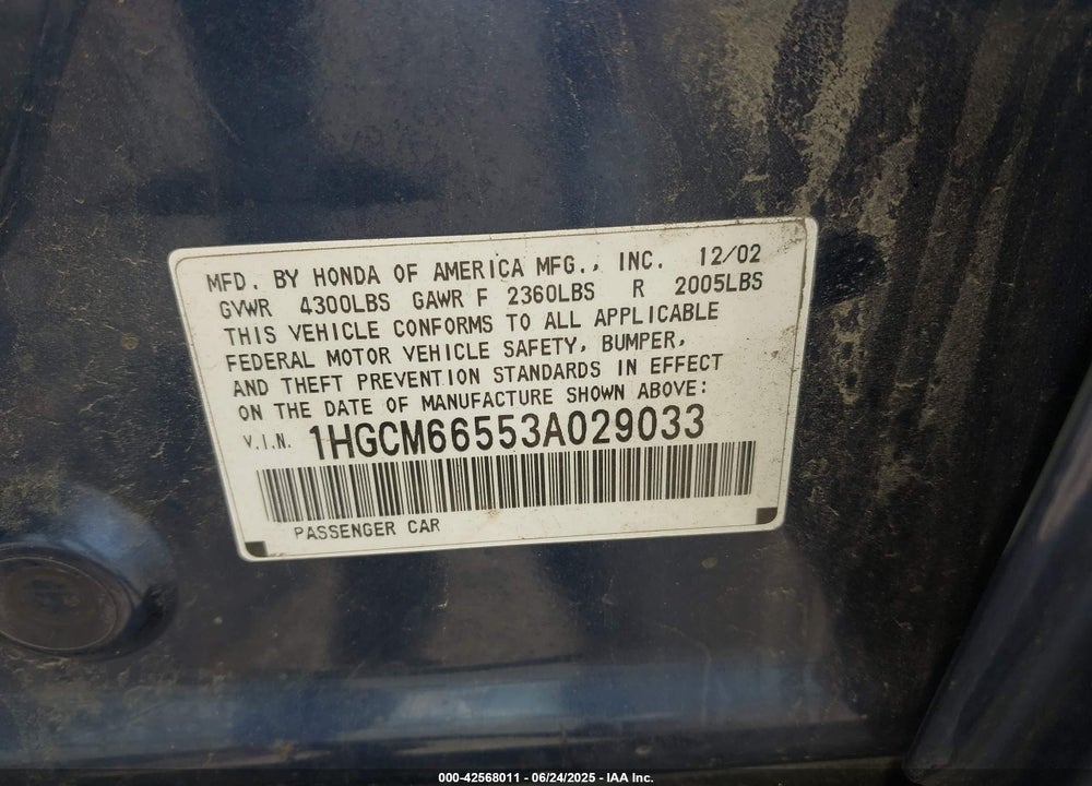 2003 HONDA ACCORD 3.0 EX VIN: 1HGCM66553A029033