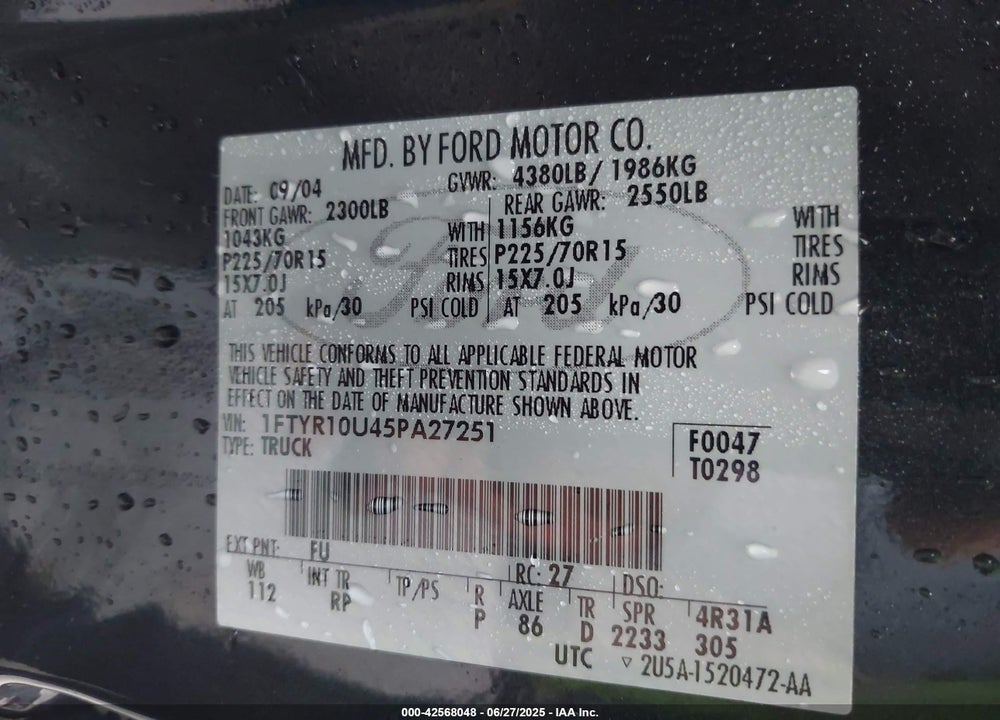 2005 FORD RANGER EDGE/STX/XL/XLS/XLT VIN: 1FTYR10U45PA27251
