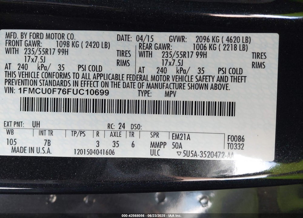 2015 FORD ESCAPE VIN: 1FMCU0F76FUC10699