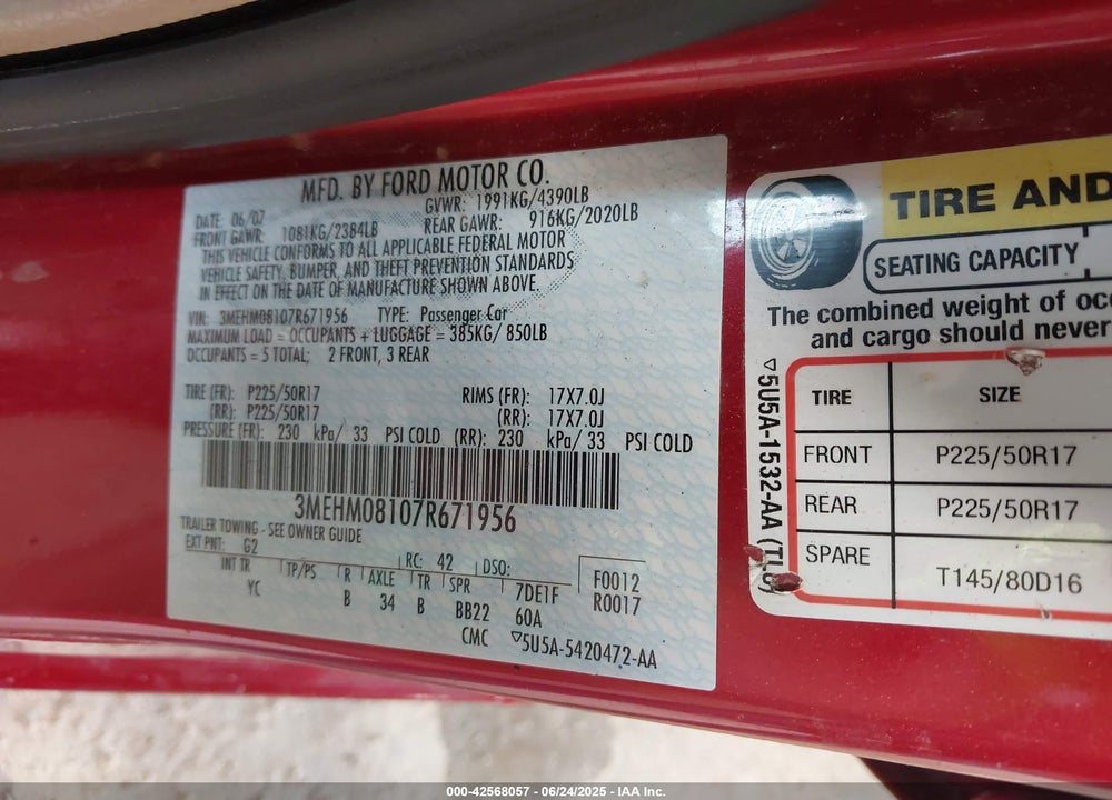 2007 MERCURY MILAN VIN: 3MEHM08107R671956