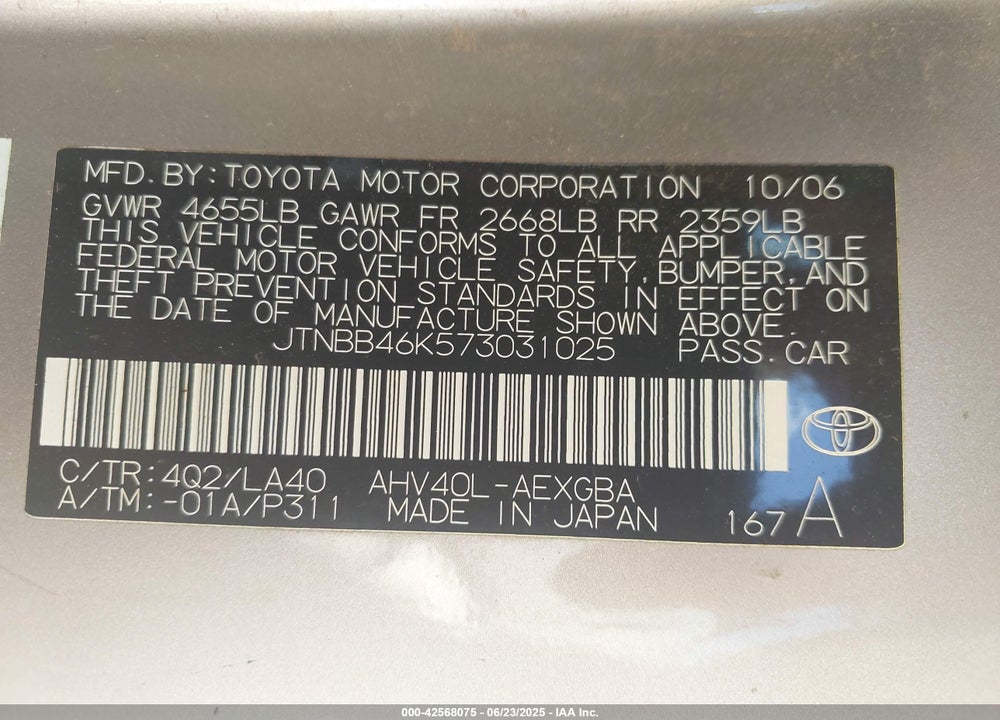2007 TOYOTA CAMRY HYBRID VIN: JTNBB46K573031025