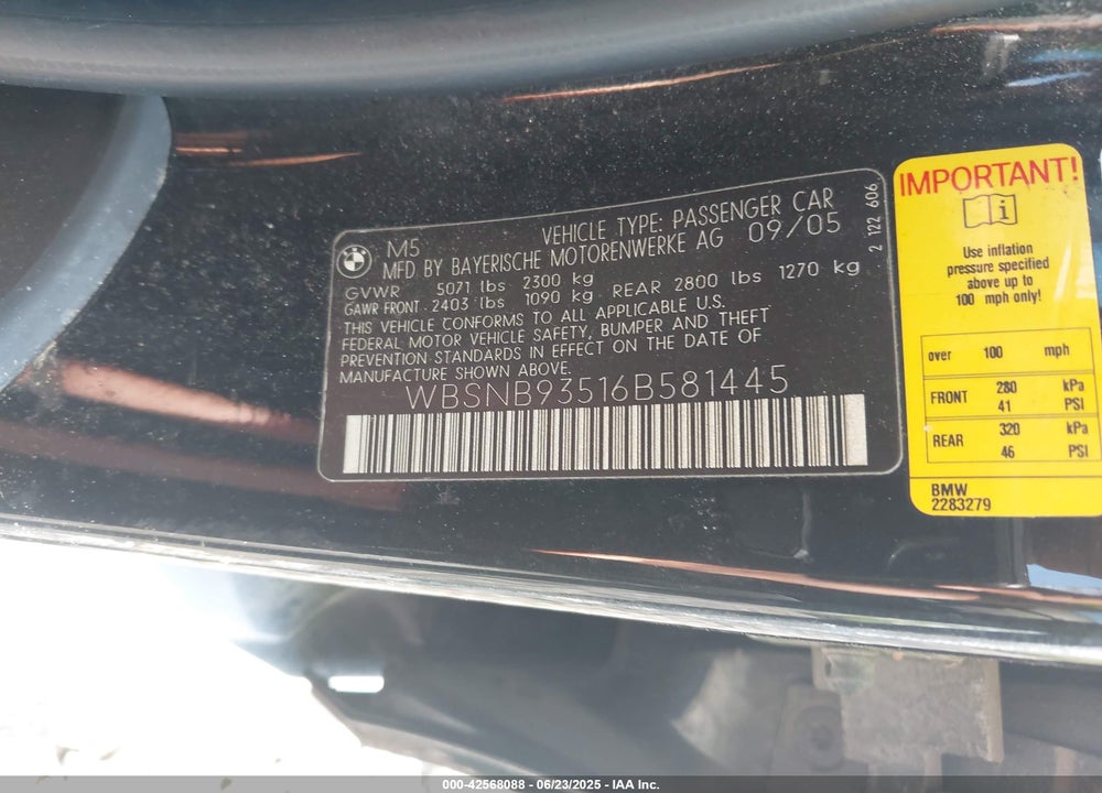 2006 BMW M5 VIN: WBSNB93516B581445