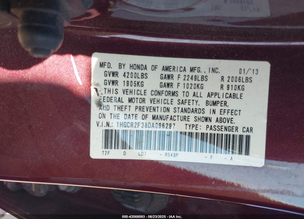 2013 HONDA ACCORD VIN: 1HGCR2F38DA096297