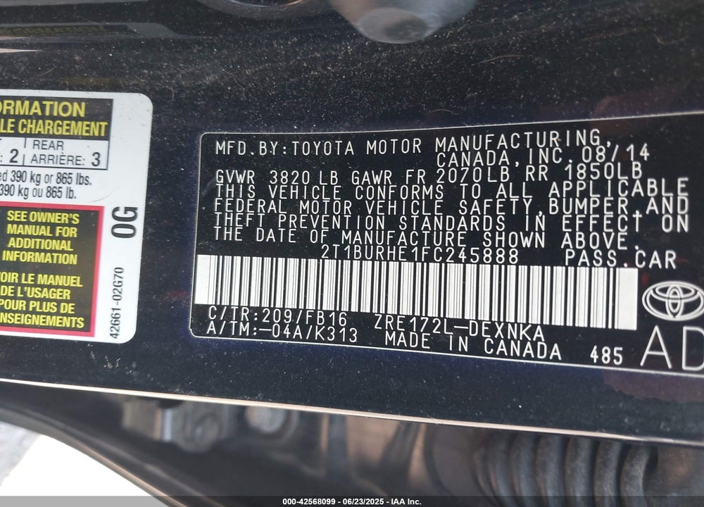 2015 TOYOTA COROLLA LE VIN: 2T1BURHE1FC245888