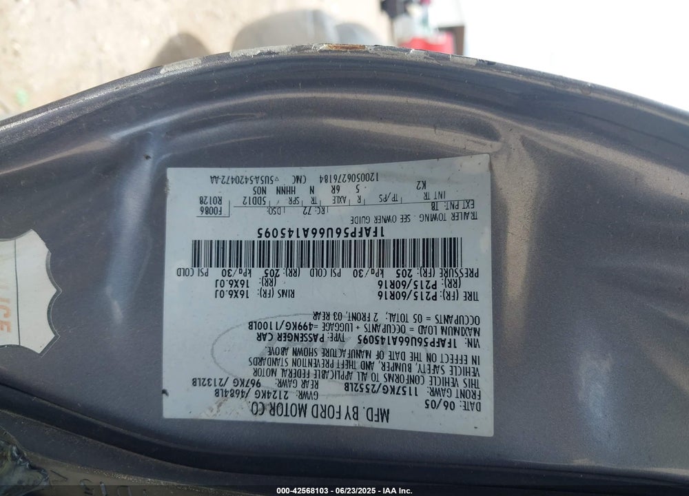 2006 FORD TAURUS VIN: 1FAFP56U66A145095