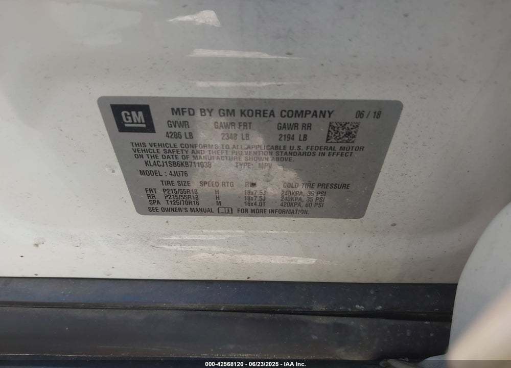 2019 BUICK ENCORE VIN: KL4CJ1SB6KB711038