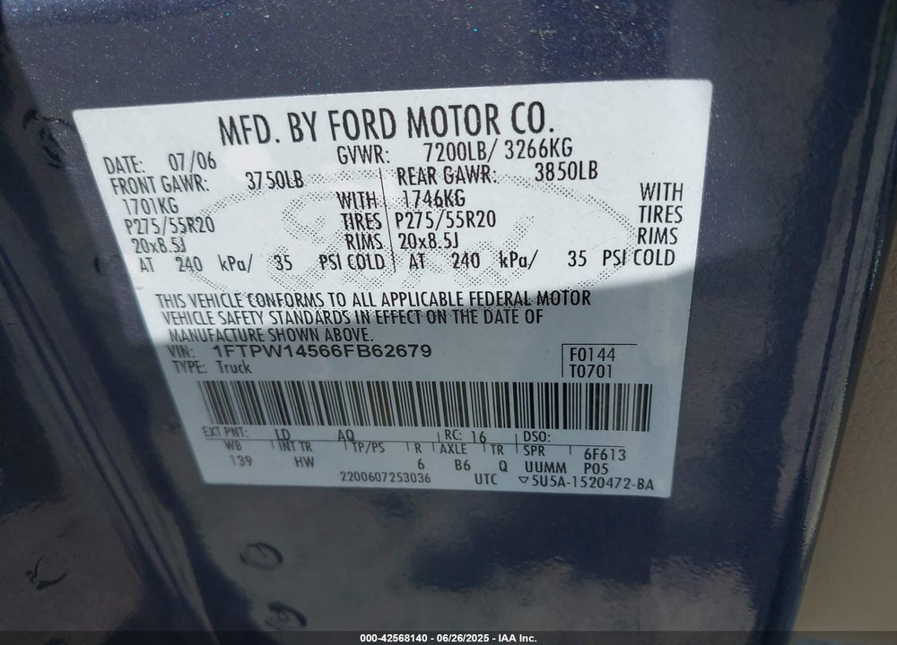2006 FORD F-150 FX4/LARIAT/XLT VIN: 1FTPW14566FB62679
