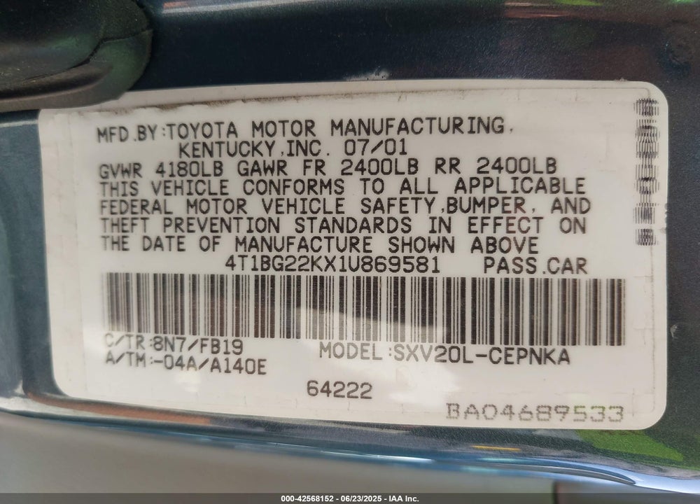 2001 TOYOTA CAMRY LE VIN: 4T1BG22KX1U869581