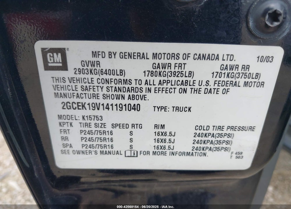2004 CHEVROLET SILVERADO 1500 LS VIN: 2GCEK19V141191040