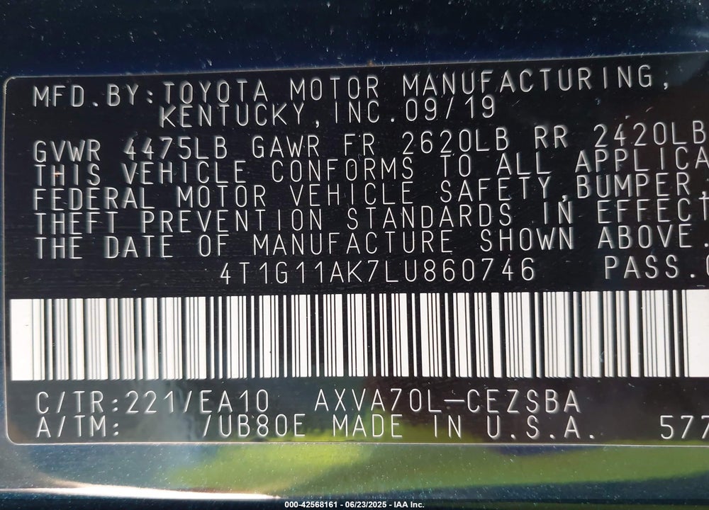 2020 TOYOTA CAMRY VIN: 4T1G11AK7LU860746