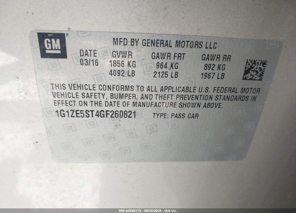 2016 CHEVROLET MALIBU VIN: 1G1ZE5ST4GF260821