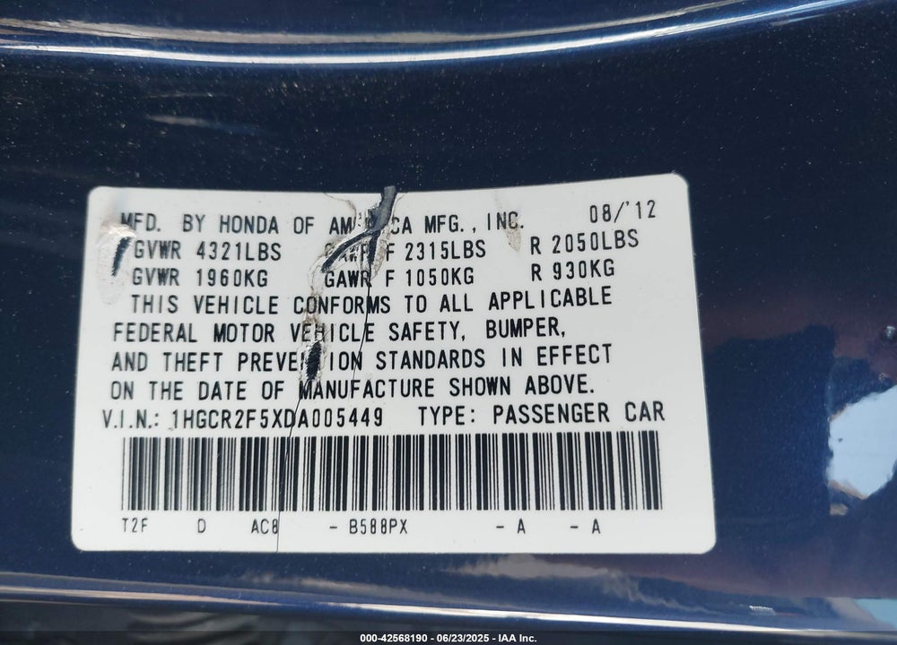 2013 HONDA ACCORD SPORT VIN: 1HGCR2F5XDA005449