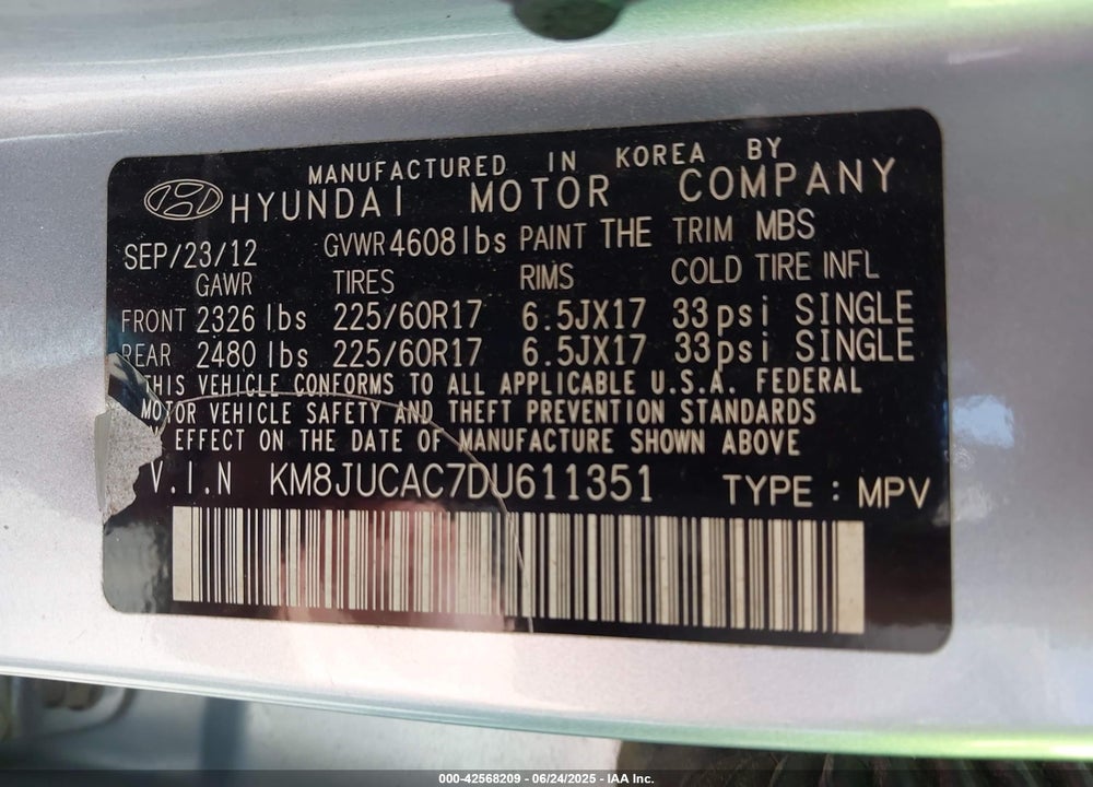 2013 HYUNDAI TUCSON VIN: KM8JUCAC7DU611351