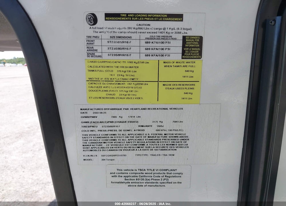 2023 HEARTLAND RV TORQUE TRAVEL TRAILER VIN: 5SFCG4326PE518783