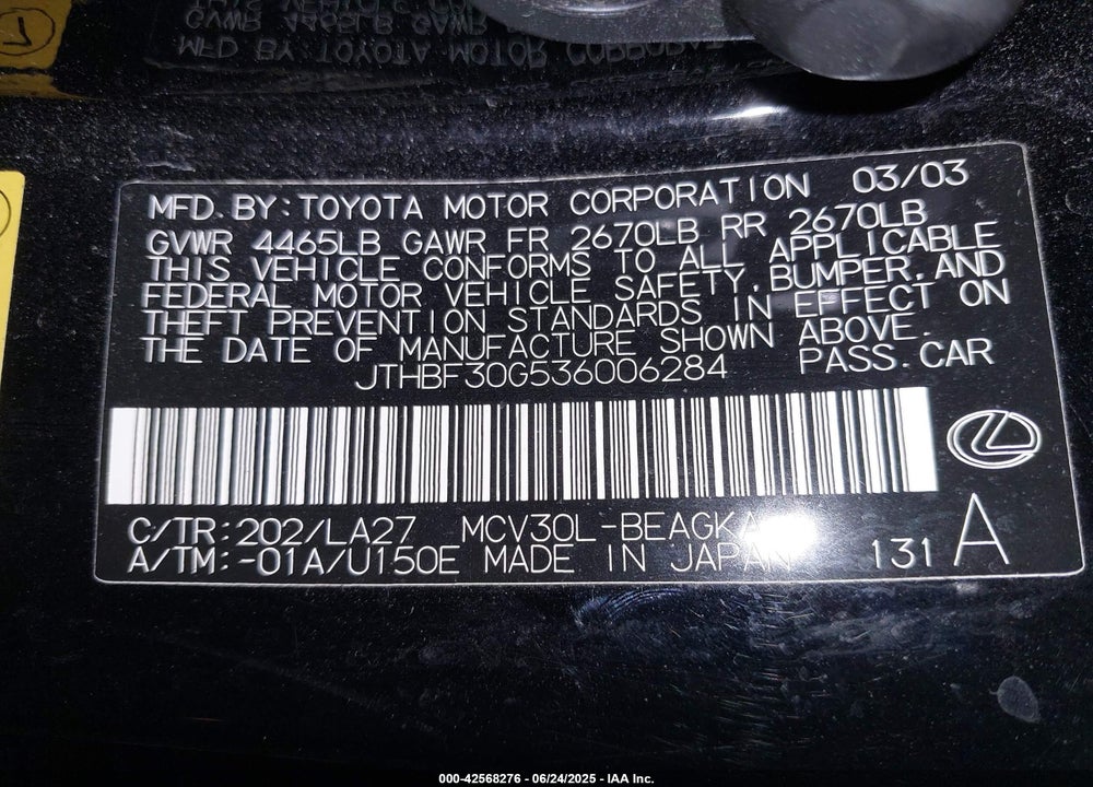 2003 LEXUS ES 300 VIN: JTHBF30G536006284