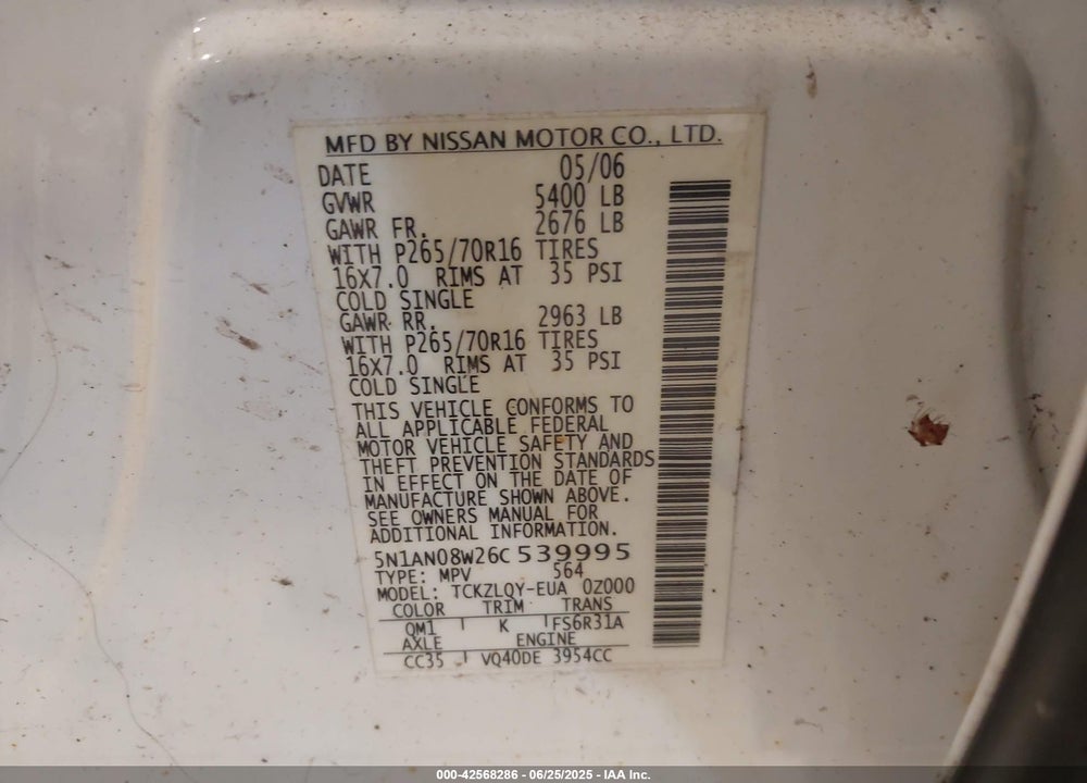 2006 NISSAN XTERRA VIN: 5N1AN08W26C539995