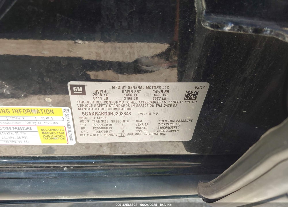 2017 BUICK ENCLAVE CONVENIENCE VIN: 5GAKRAKD0HJ292843