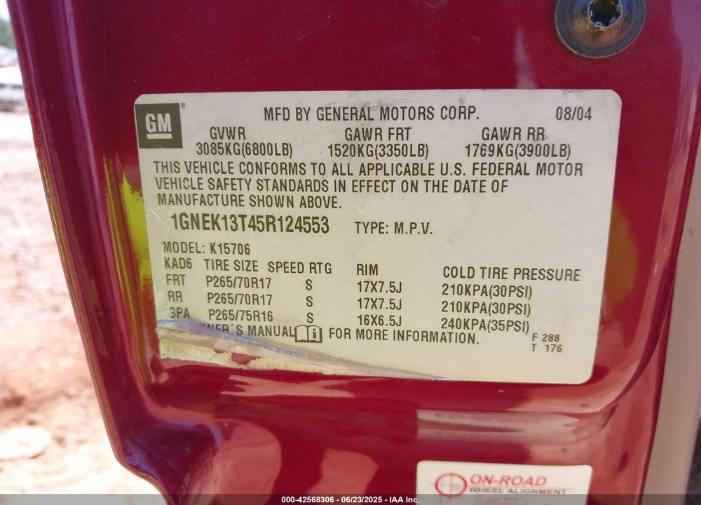 2005 CHEVROLET TAHOE Z71 VIN: 1GNEK13T45R124553