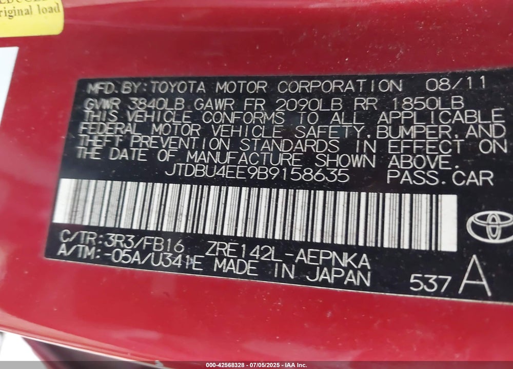 2011 TOYOTA COROLLA VIN: JTDBU4EE9B9158635