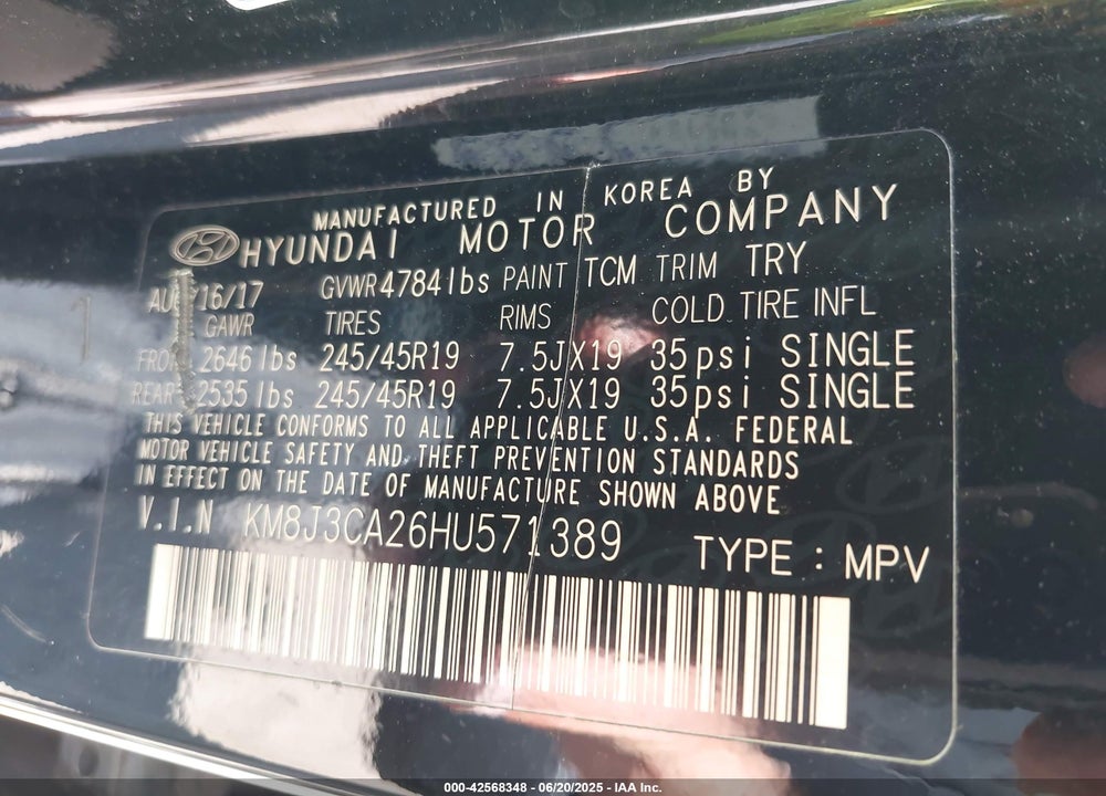 2017 HYUNDAI TUCSON VIN: KM8J3CA26HU571389