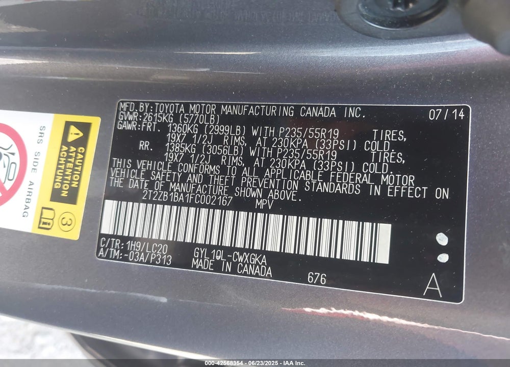 2015 LEXUS RX 450H VIN: 2T2ZB1BA1FC002167