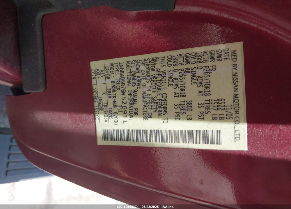 2006 NISSAN TITAN VIN: 1N6BA06B76N526911
