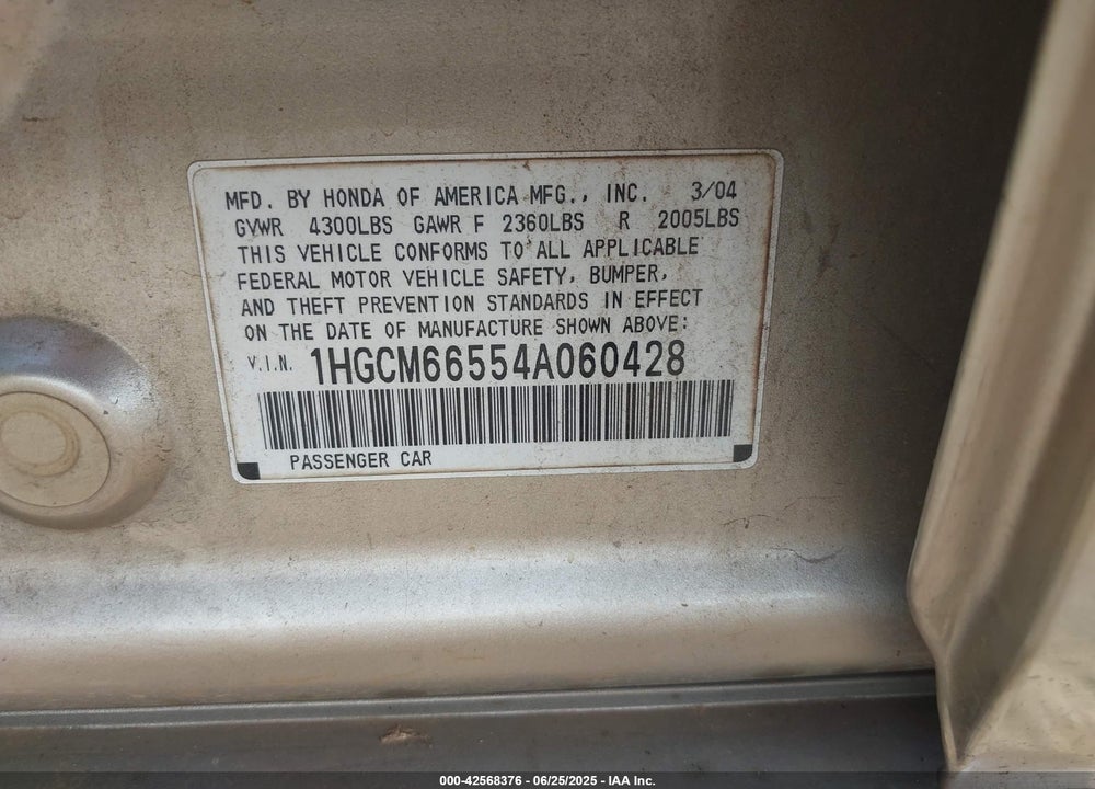 2004 HONDA ACCORD 3.0 EX VIN: 1HGCM66554A060428