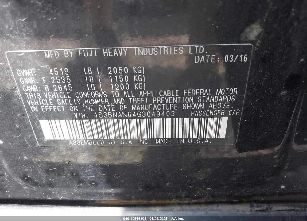 2016 SUBARU LEGACY VIN: 4S3BNAN64G3049403