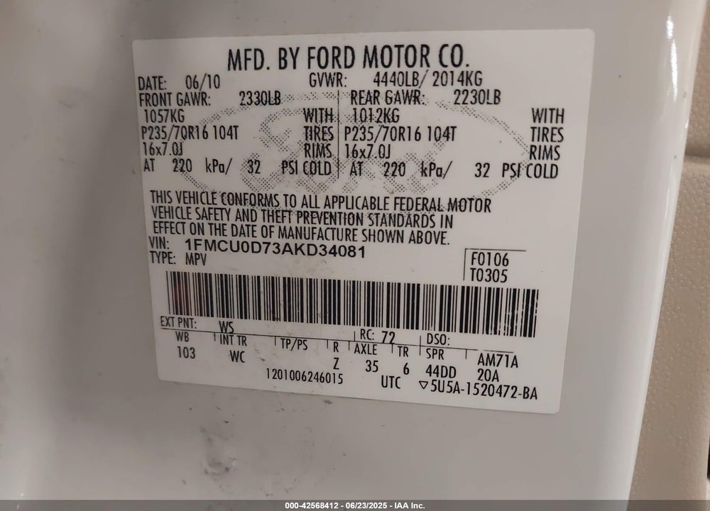 2010 FORD ESCAPE VIN: 1FMCU0D73AKD34081