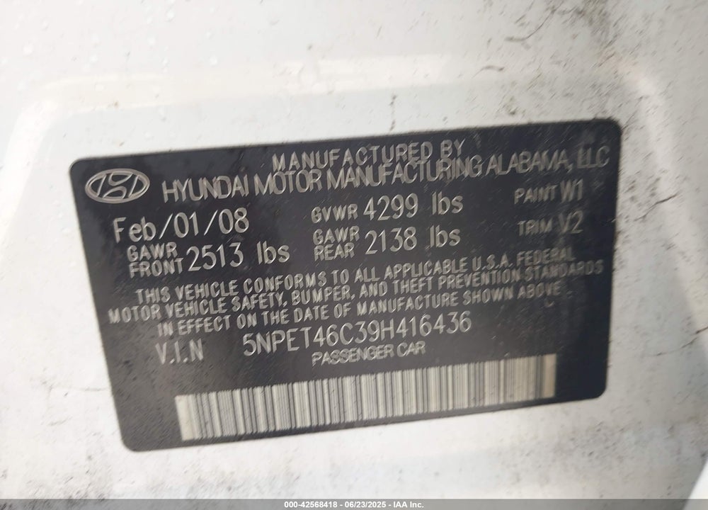 2009 HYUNDAI SONATA VIN: 5NPET46C39H416436
