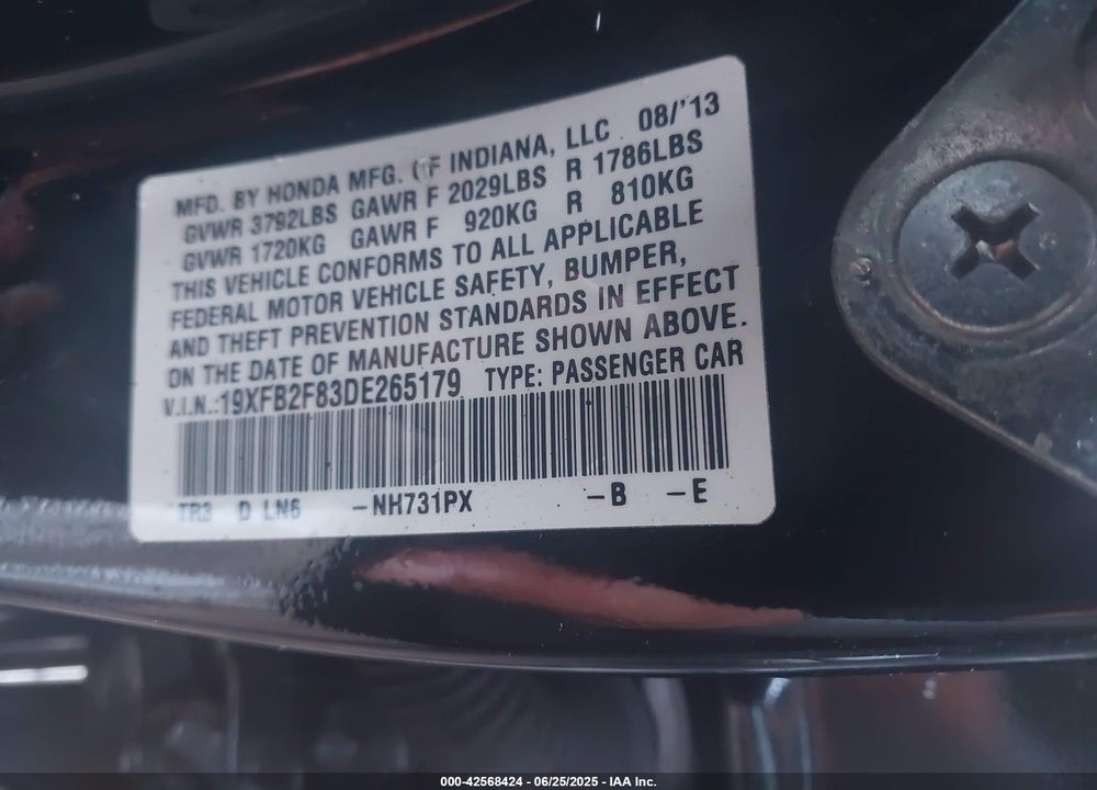 2013 HONDA CIVIC VIN: 19XFB2F83DE265179