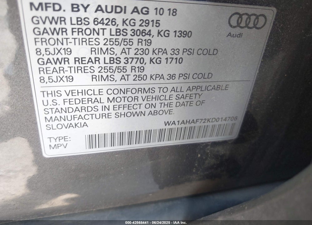 2019 AUDI Q7 VIN: WA1AHAF72KD014706