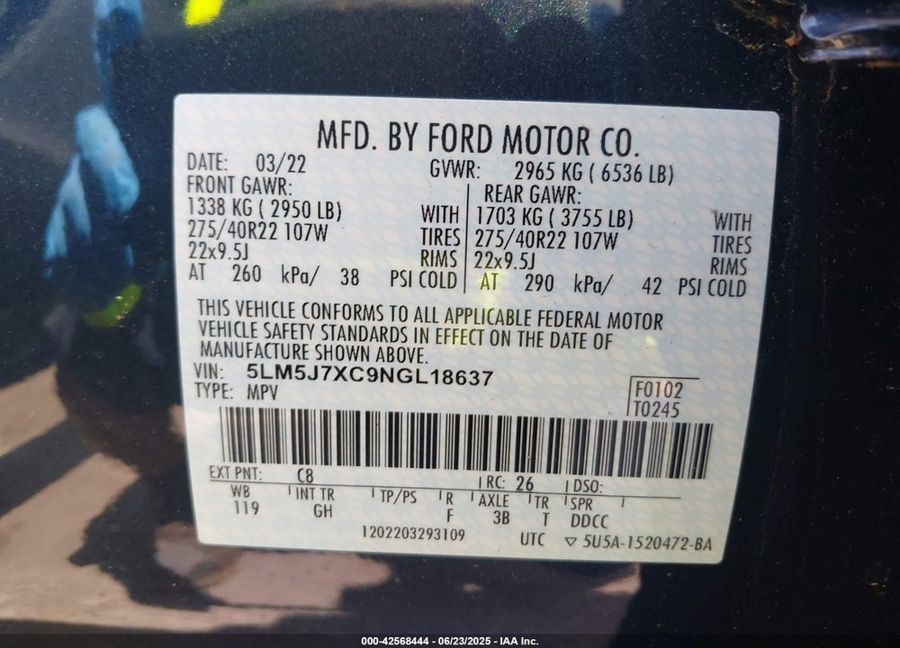 2022 LINCOLN AVIATOR VIN: 5LM5J7XC9NGL18637